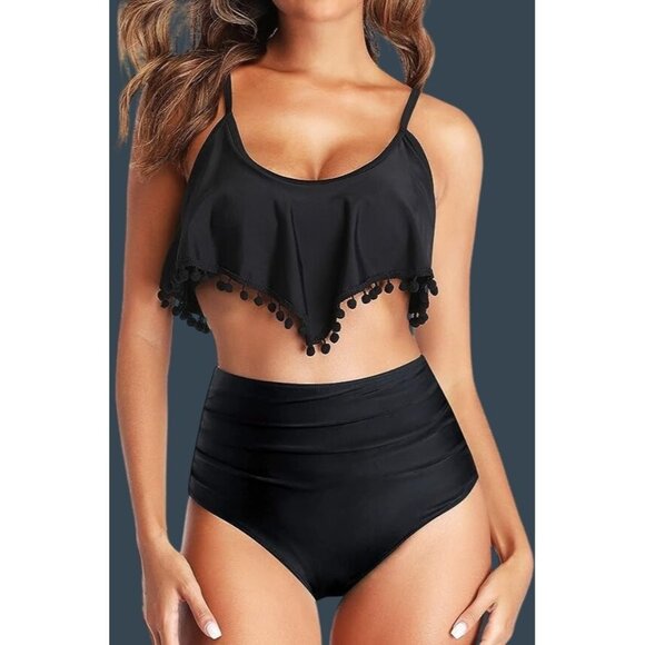 Two-Piece Black High-Waisted Bikini Set With Flounce Top & Pom-Pom Trim Women - Picture 1 of 6